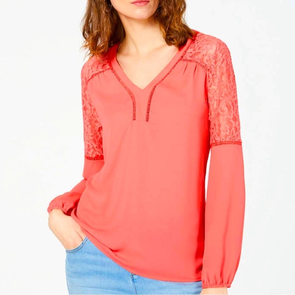 NWOT INC Blouson Lace Woven Top, Created for Macy's in Coral size small - Picture 1 of 11